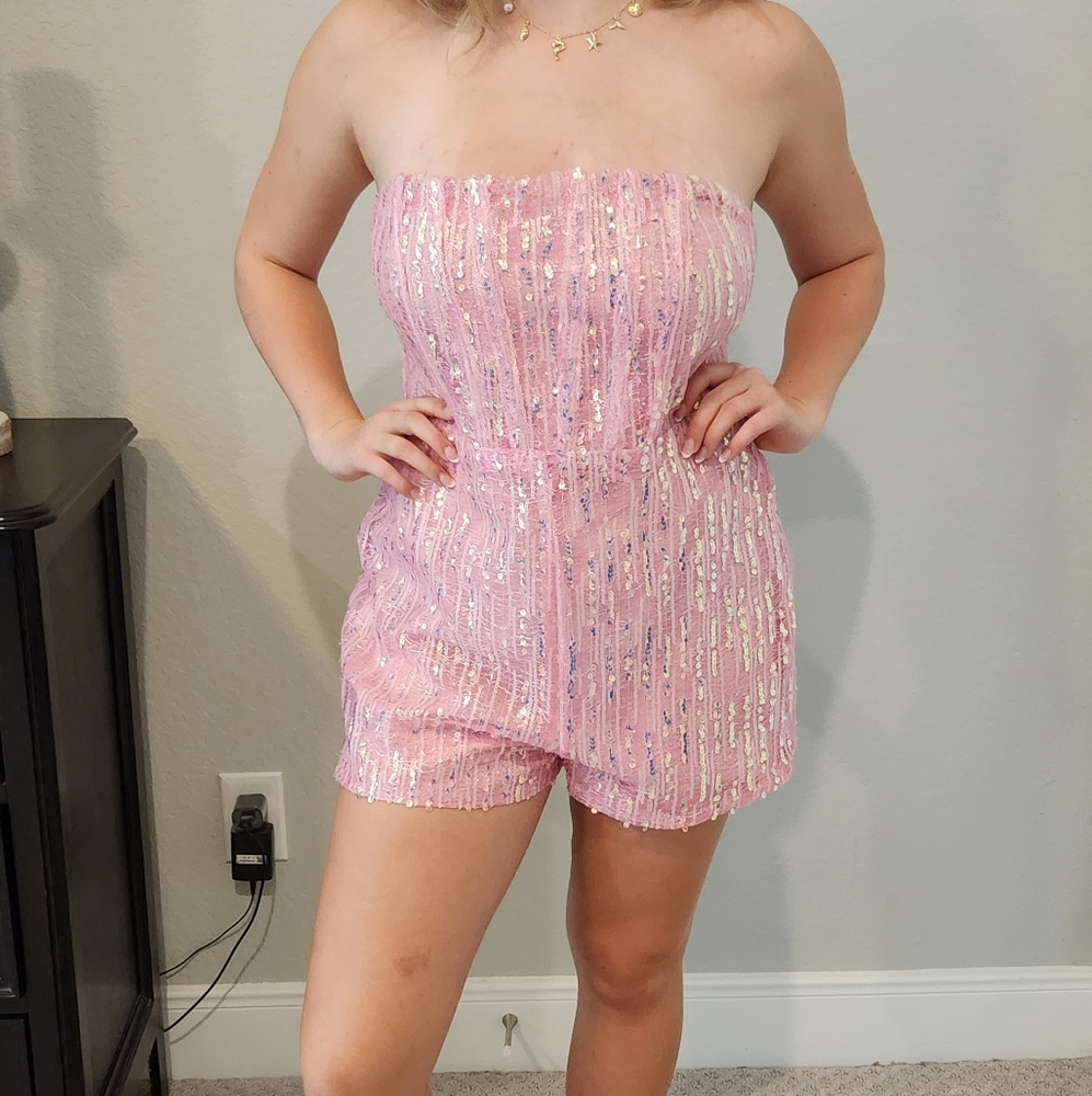 Pink Sequin Strapless Romper